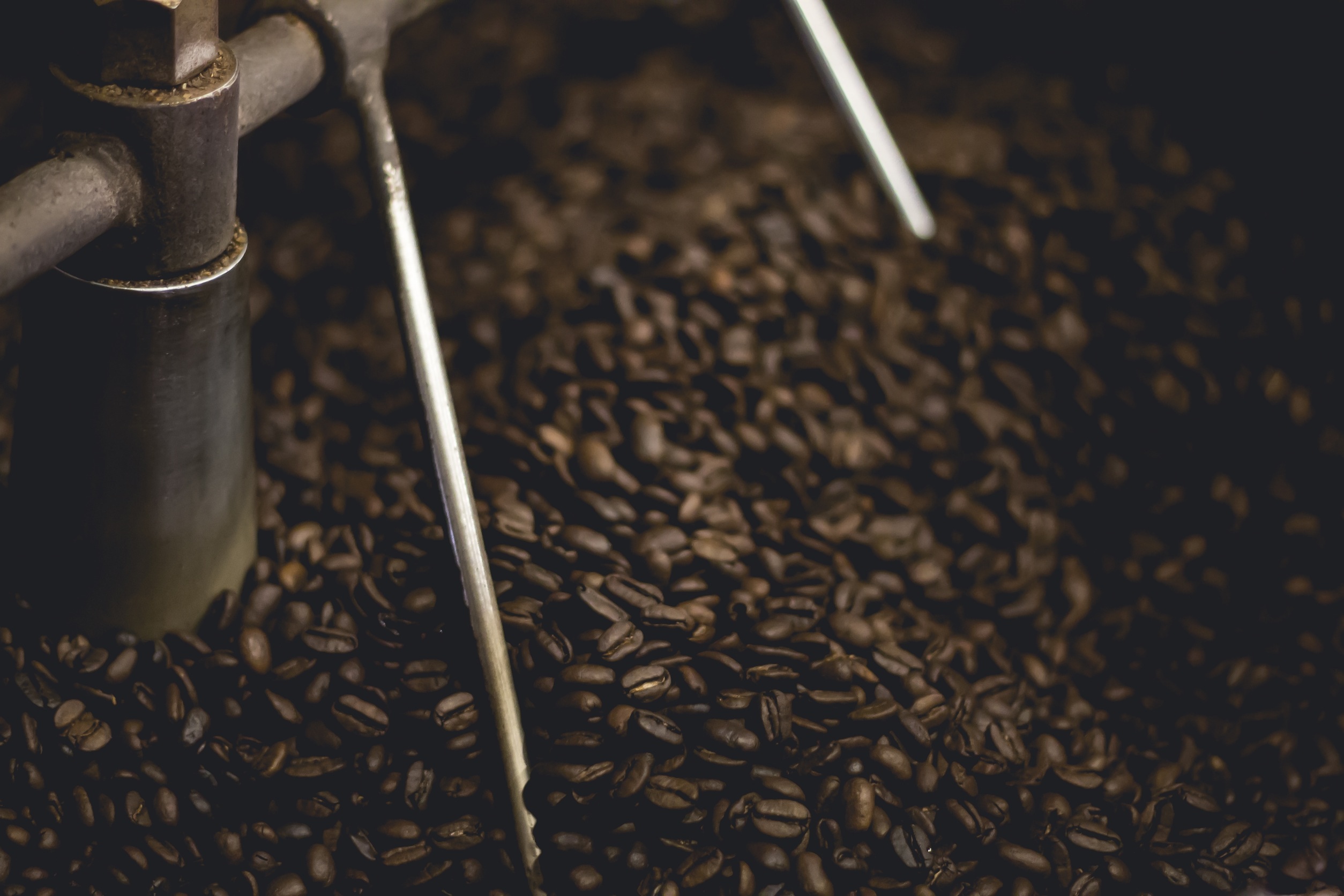 Dark roasted coffee beans in a roasting drum, representing Gunung Kerinci Wet-Hulled